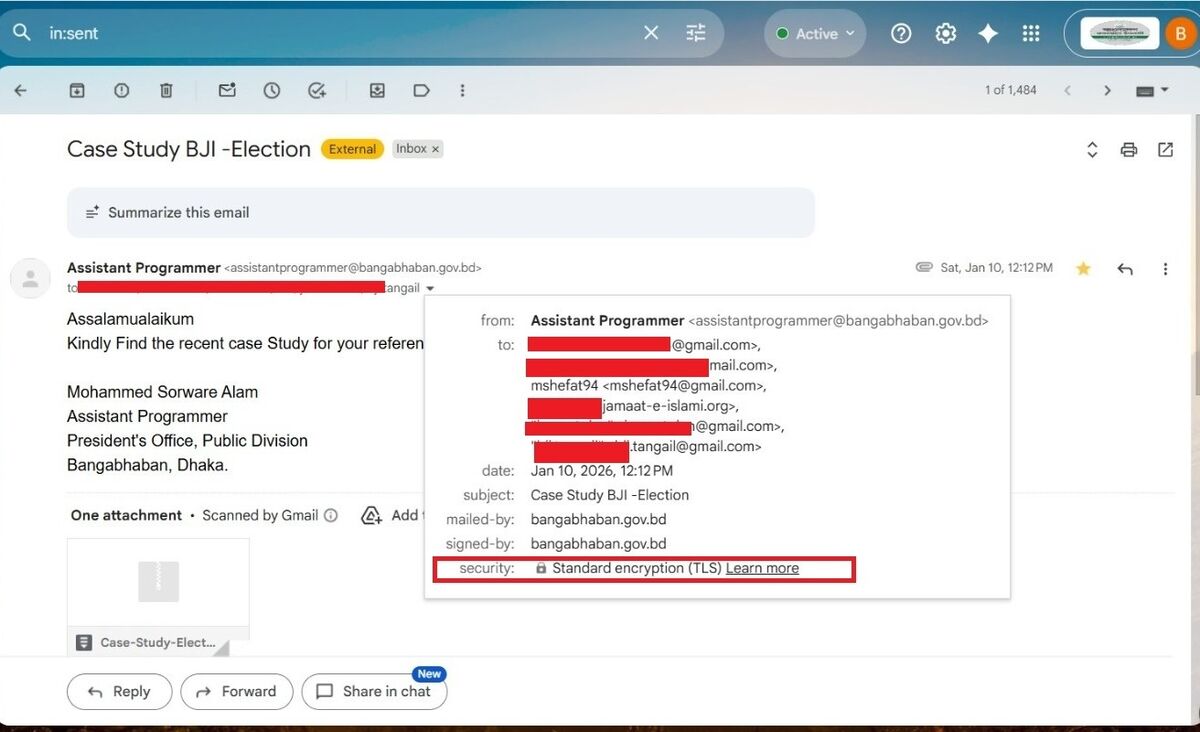 বঙ্গভবনের সহকারী প্রোগ্রামারের ইমেইলে TLS প্রোটোকল