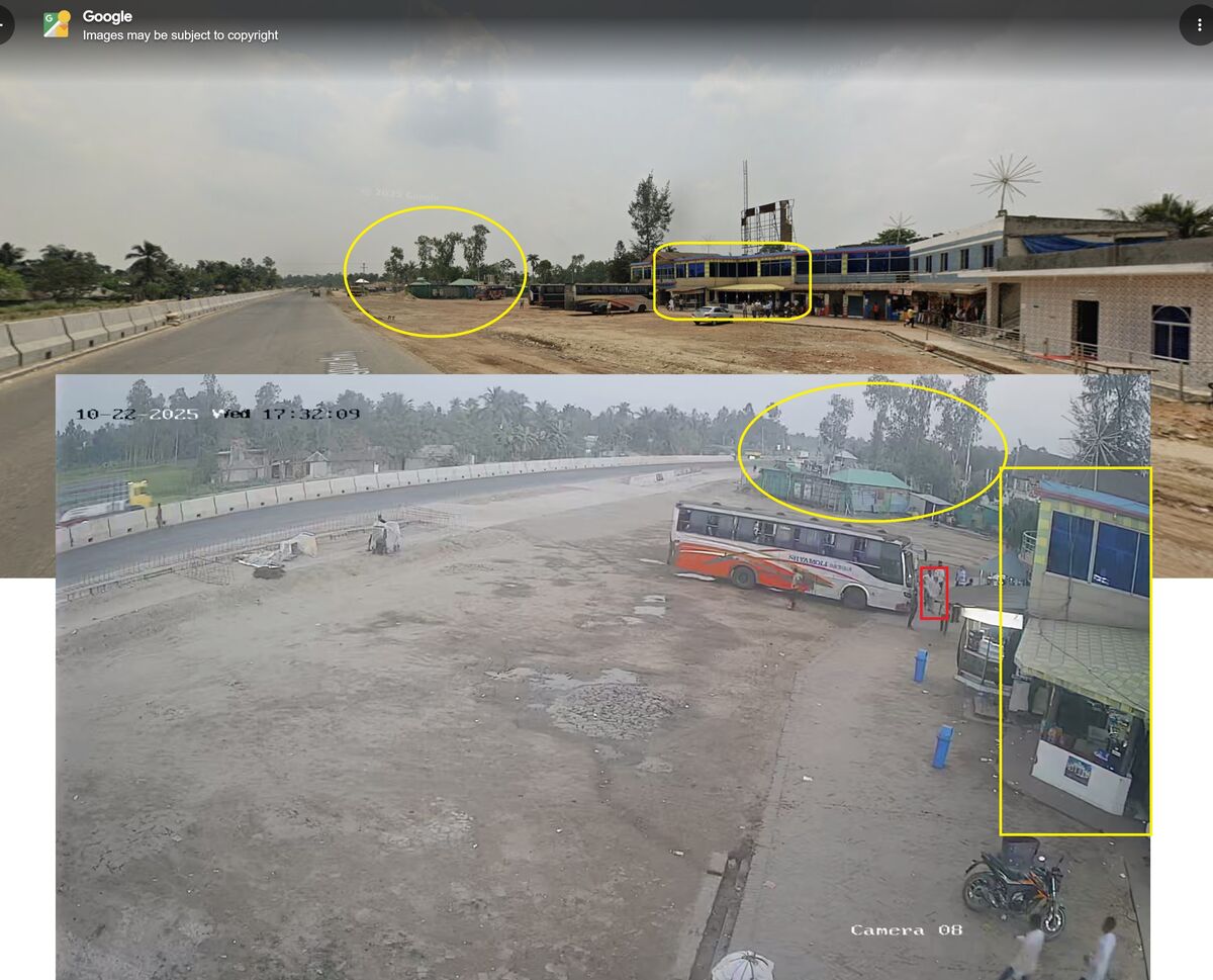 সিসিটিভি ফুটেজ ও গুগল ম্যাপে হোটেল পেন্টাগনের অবস্থানের তুলনামূলক স্ক্রিনশট